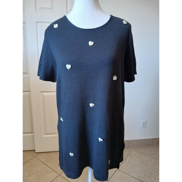 Susan Bristol Womens Blouse Black Short Sleeve Button Heart Round Neck Small - Picture 1 of 15